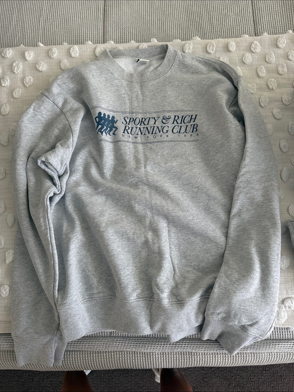 Sporty & Rich Light Gray Crewneck with Navy 'Running Club' Logo